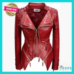 Punk Studded Faux Leather Moto Jacket Zipper Biker Coat Classic Fit Y2K